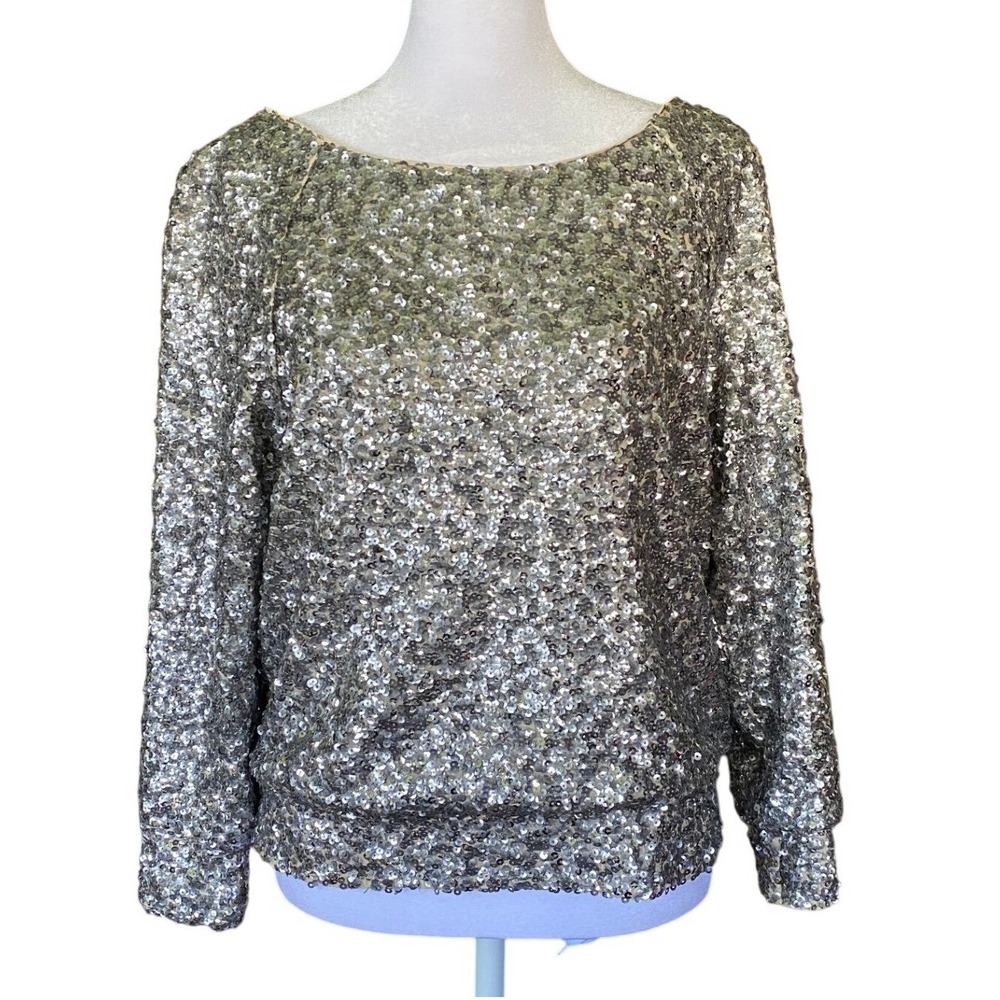 Alice + Olivia Silk Sequin Silver Long Sleeve Top Blouse Medium Disco Glam Party